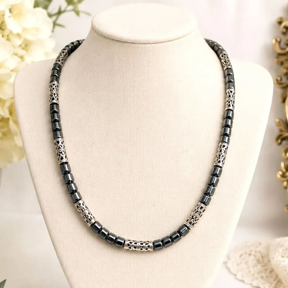 Vintage Hematite and Silver Bead Necklace